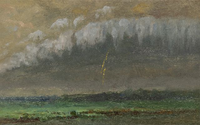 Europese School, 19e eeuw | Thunderstorm over a landscape, oil on painter's board, 20.4 x 31.8 cm, gesigneerd r.o. (vaag)