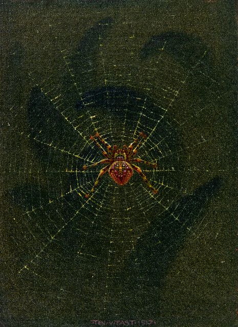Ton van Tast | Spider in a web, oil on canvas laid down on panel, 17.5 x 13.0 cm, signed l.m. and dated 1917