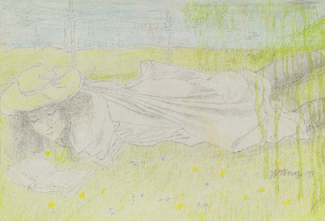 Jan Toorop | Young woman reading feminist prose ('Vrouwenrecht'), pencil and chalk on paper, 16.2 x 20.5 cm, signed l.r. and dated 1897