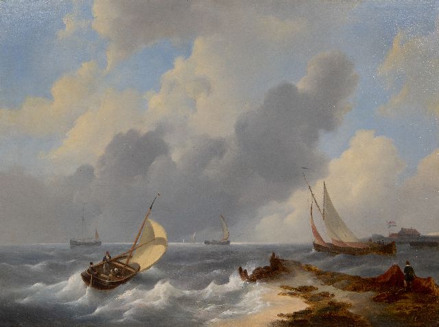 Johannes Christianus Schotel | Ships on a turbulent sea, oil on panel, 45.7 x 61.4 cm, signed l.r.