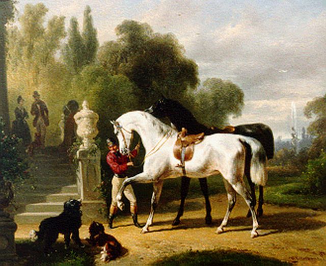 Wouterus Verschuur | Preparing for a ride, oil on panel, 23.3 x 28.3 cm, signed l.r.