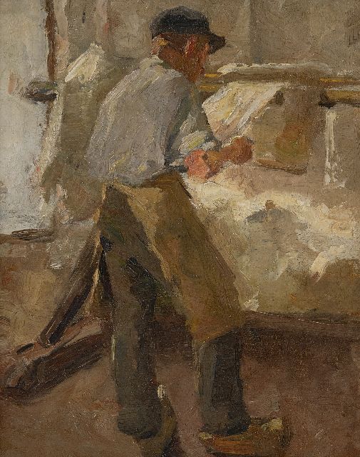 Anthon van Rappard | Young workman at a stretching frame, oil on canvas, 33.1 x 26.3 cm, painted ca. 1890-1891