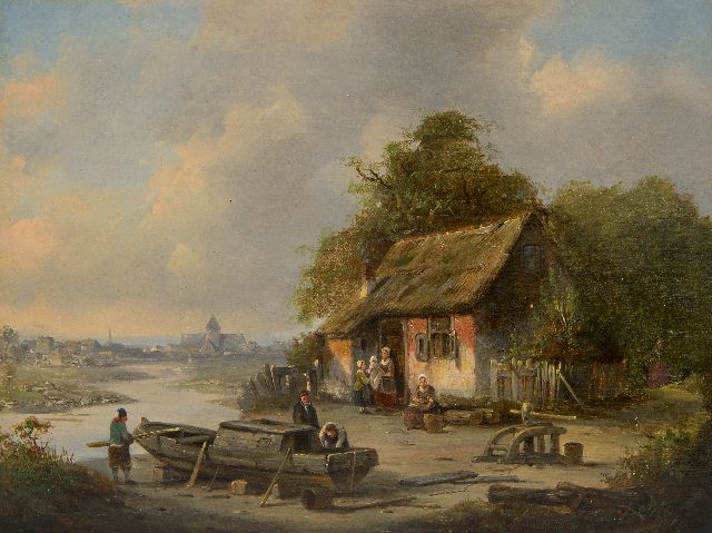 Carabain J.F.J.  | A river landscape with a cottage and shipyard, oil on panel 19.3 x 25.3 cm, signed l.l.