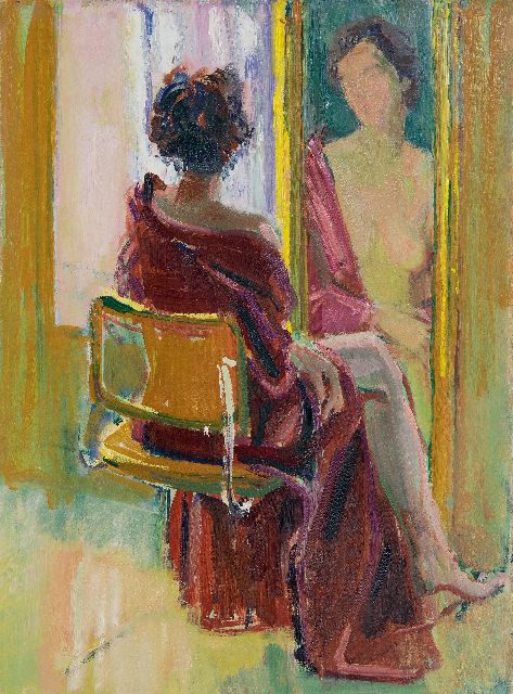 Baan J.L. van der | Female nude, sitting in front of a mirror, oil on canvas 80.4 x 60.5 cm, zonder lijst