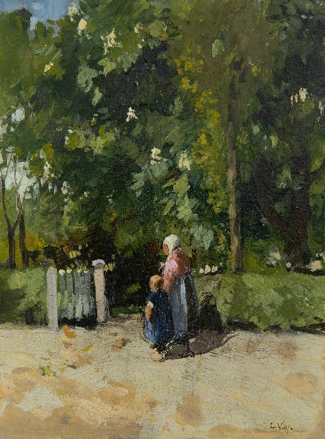 Cornelis Vreedenburgh | Mother and child at a garden gate, oil on canvas, 21.4 x 16.2 cm, signed l.r. with initials and dated '07