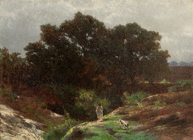 Louwrens Hanedoes | Shepherd boy with his dog in a heath landscape, oil on canvas, 25.4 x 34.2 cm, signed l.r. and with the artist's stamp on the reverse and dated 1863