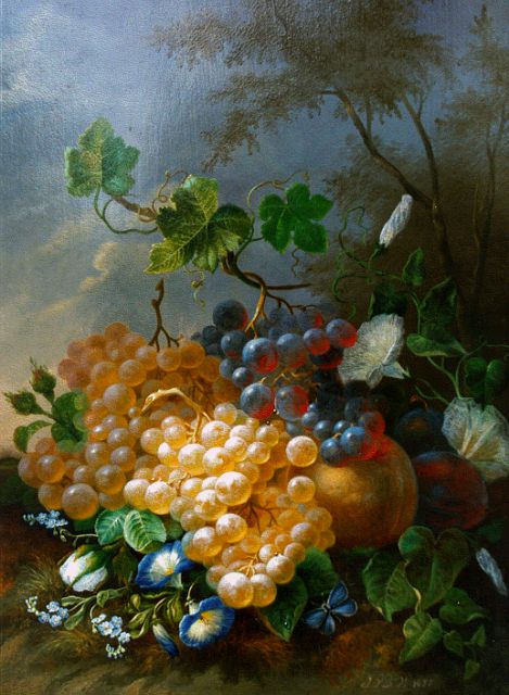Waarden J. van der | A still life with flowers, peaches and grapes, oil on panel 34.6 x 26.7 cm, signed l.r. with initials and dated 1857