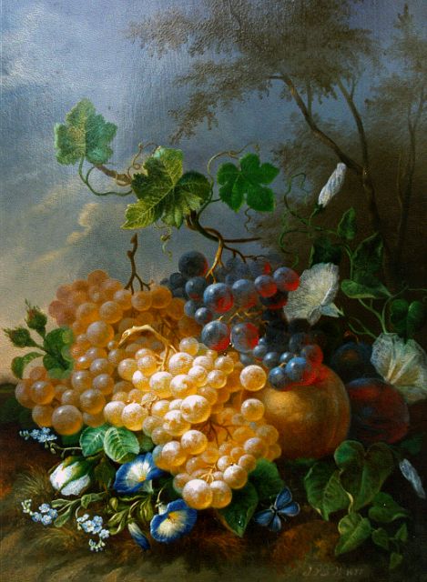 Jan van der Waarden | A still life with flowers, peaches and grapes, oil on panel, 34.6 x 26.7 cm, signed l.r. with initials and dated 1857