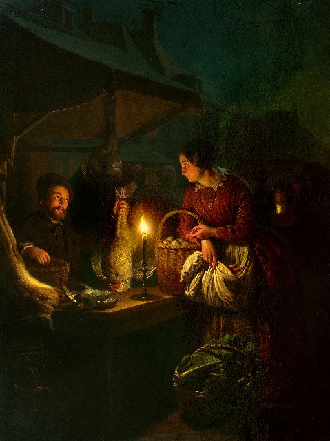 Schendel P. van | The game and poultry seller, by candle light, oil on panel 57.0 x 42.8 cm, signed l.r. and dated 1856
