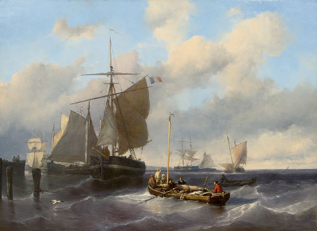 Louis Meijer | Hoisting the sails at pier, oil on panel, 79.8 x 110.5 cm, signed l.l.