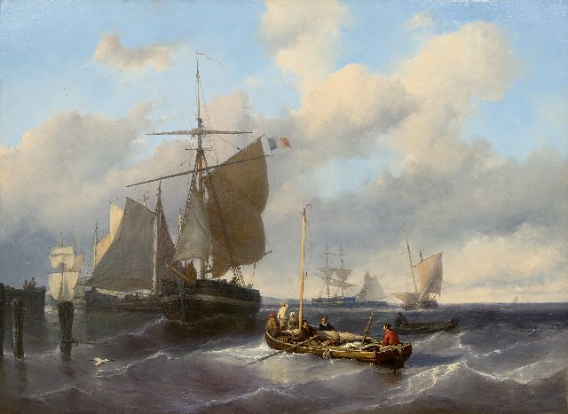 Louis Meijer | Hoisting the sails at pier, oil on panel, 79.8 x 110.5 cm, signed l.l.