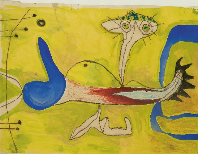 Lucebert | Bird animal, chalk and watercolour on paper, 26.2 x 35.3 cm, painted in 1960's