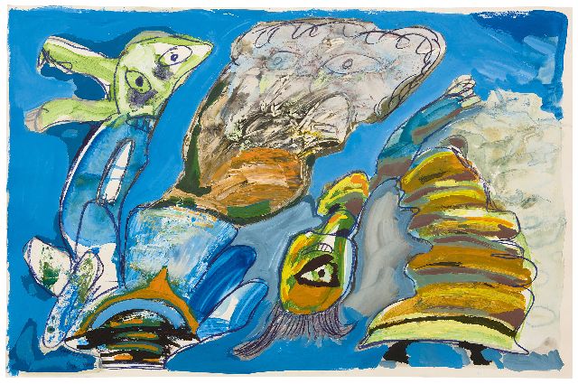 Lucebert | Dancers around the thunderalp, chalk, gouache and oil on paper, 64.3 x 99.3 cm, signed l.l. and dated '76.VIII