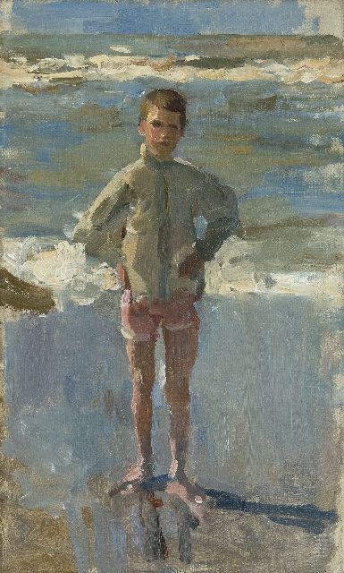 Isaac Israels | Young boy on the beach in Scheveningen, oil on canvas, 50.0 x 30.0 cm, signed on the stretcher and painted 1895-1905