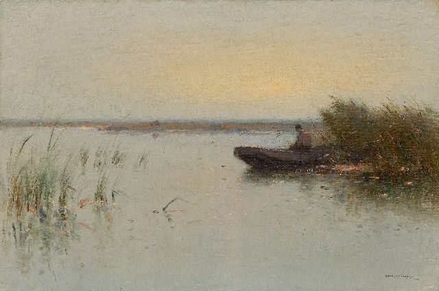 Knikker A.  | Polder landscape with a fisherman in a barge, oil on canvas 40.2 x 60.2 cm, signed l.r.