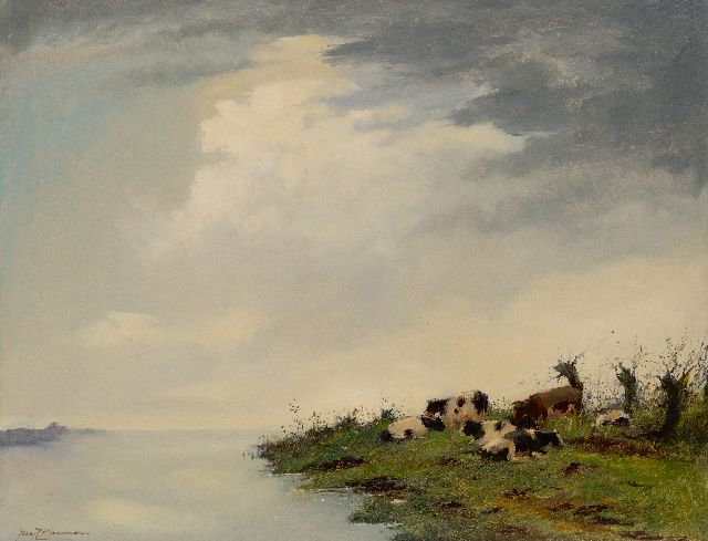 Koeman J.J.  | Cows on the riverbank, oil on board 61.4 x 81.4 cm, signed l.l.