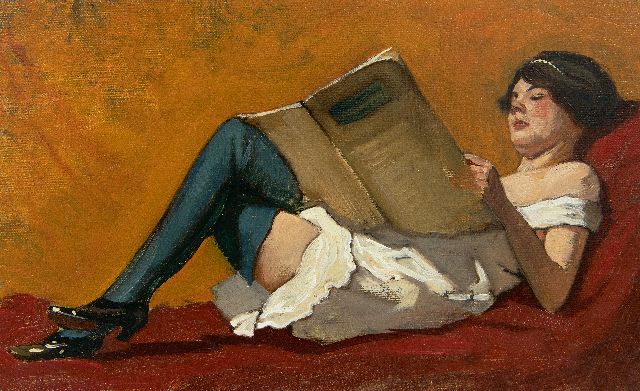 Houbolt E.  | Reading girl on a couch, oil on canvas laid down on panel 18.8 x 29.9 cm