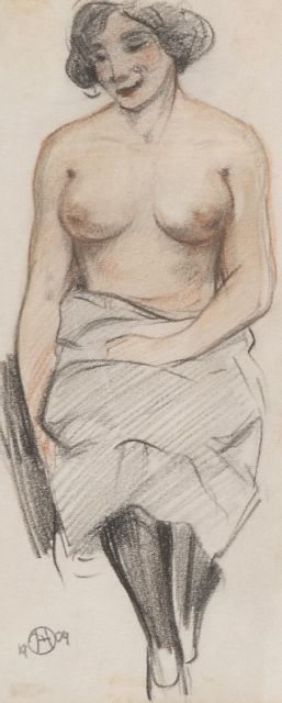 Houbolt E.  | Seated nude, chalk on paper 19.8 x 8.2 cm, signed l.l. with monogram and dated 1909