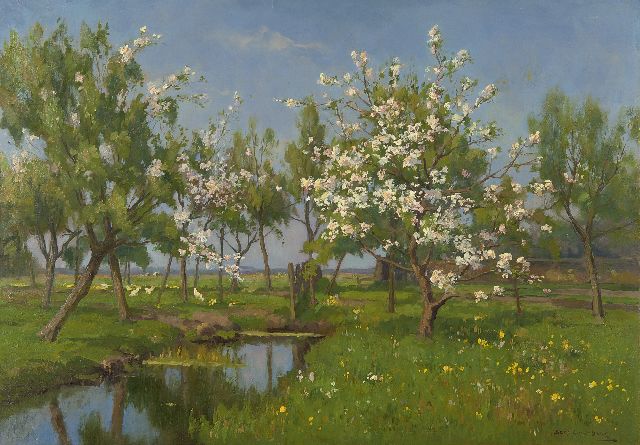 Beek B.A. van | Trees blossoming, oil on painter's board 49.7 x 70.2 cm, signed l.r.