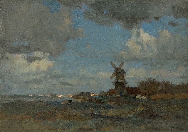 Ype Wenning | Polder landscape with cattle and mill, oil on canvas, 22.7 x 31.3 cm, signed l.r. and without frame