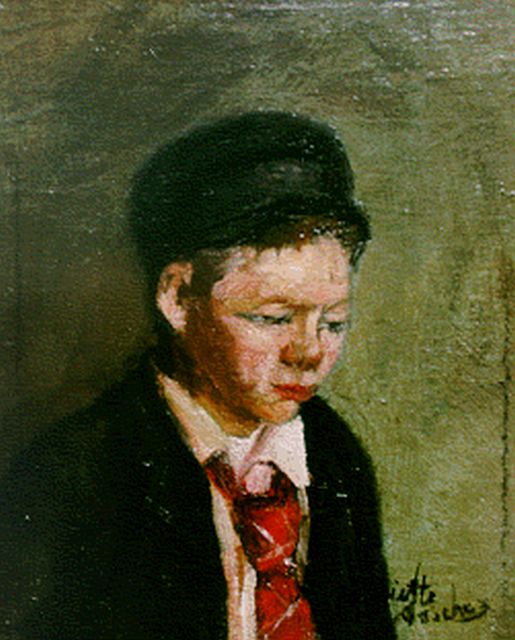 Asscher H.  | A portrait of a little boy with hat, oil on canvas laid down on panel 19.8 x 17.5 cm, signed l.r.