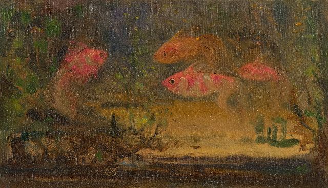 Dijsselhof G.W.  | Sluierstaartvissen, oil on canvas laid down on board 19.1 x 31.6 cm, signed l.l. with monogram