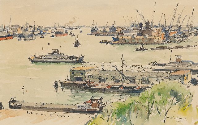 Jan Korthals | Harbor view, Rotterdam, watercolour on paper, 29.9 x 46.7 cm, signed l.r.