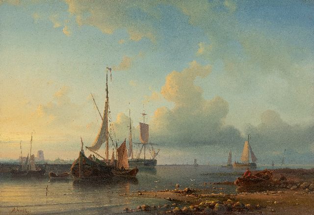Abraham Hulk | Ships at anchor in calm waters, oil on panel, 30.7 x 44.1 cm, signed l.l.