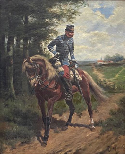 Koekkoek H.W.  | French hussar on a reconnaissance mission, oil on canvas 51.3 x 42.3 cm, signed r.o. and painted ca. 1892