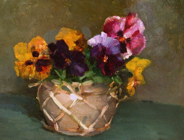 Beek S.J. van | A flower still life with violets, 19.0 x 24.3 cm, signed l.r.