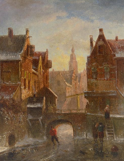 Charles Leickert | Winter townscape with figures on the ice, oil on panel, 25.1 x 19.8 cm, signed l.r.