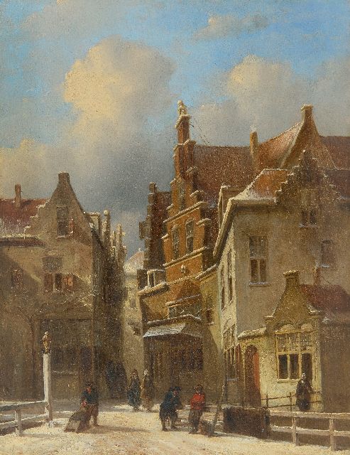 Petrus Gerardus Vertin | Snowy townscape with figures on a bridge, oil on panel, 35.0 x 27.1 cm, signed l.r. and dated '43