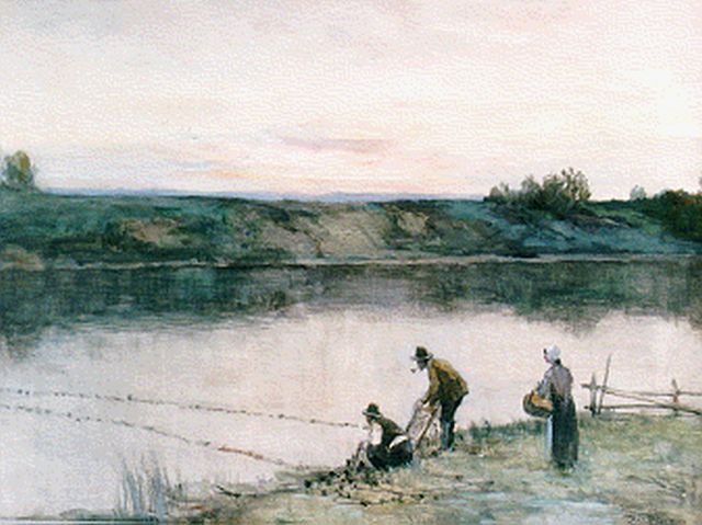 Ferdinand Bernhard Höppe | Anglers on the riverbank, watercolour on paper, 46.5 x 64.5 cm, signed l.r.