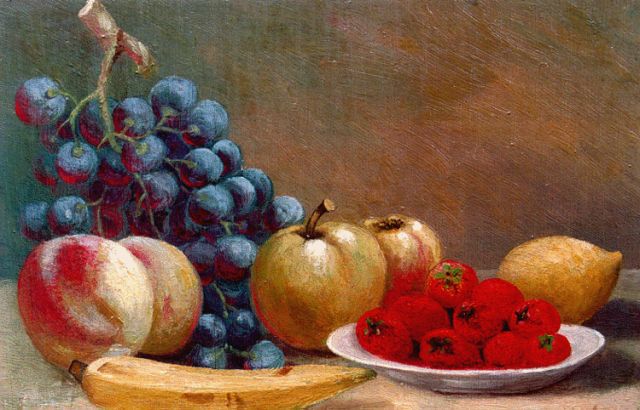 Mulder R.  | A still life with strawberries, grapes and a lemon, oil on panel 19.8 x 28.4 cm, signed l.r.