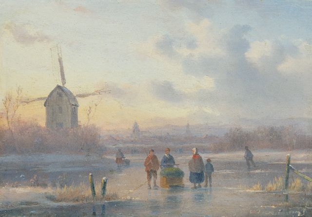 Carl Eduard Ahrendts | Figures on a frozen river at sunset, oil on panel, 14.7 x 21.0 cm, signed l.r.