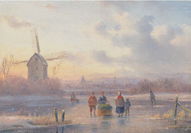 Carl Eduard Ahrendts | Figures on a frozen river at sunset, oil on panel, 14.7 x 21.0 cm, signed l.r.