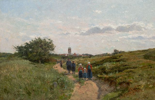 Courtens F.  | View on the island Marken with churchgoers on their way home, oil on canvas 88.4 x 136.3 cm, signed l.r.