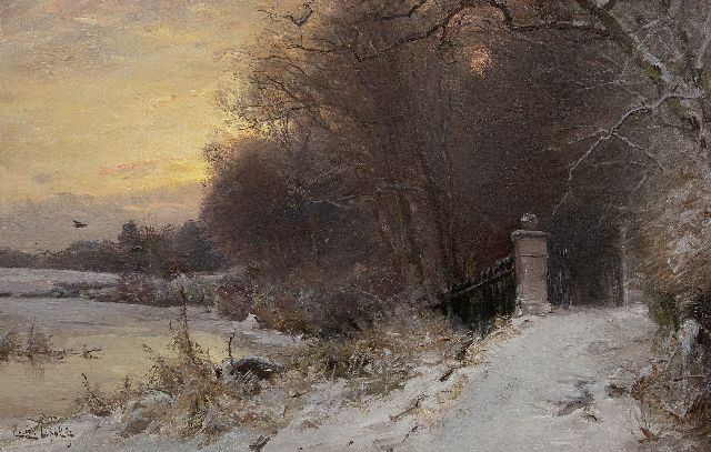 Louis Apol | A winter landscape at an ornamental gate, oil on canvas, 45.5 x 70.3 cm, signed l.l.