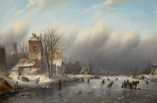 Jacob Jan Coenraad Spohler | Skating fun in a winter landscape, oil on canvas, 44.0 x 67.1 cm, signed l.l.