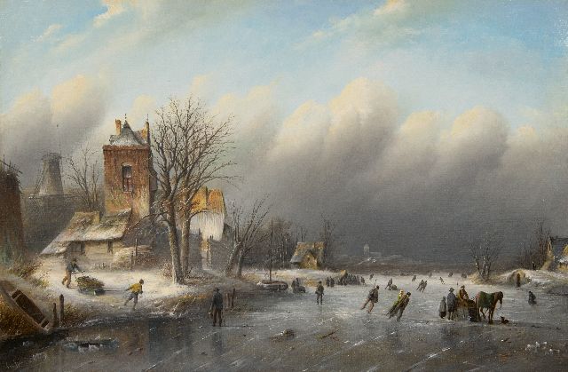 Spohler J.J.C.  | Skating fun in a winter landscape, oil on canvas 44.0 x 67.1 cm, signed l.l.