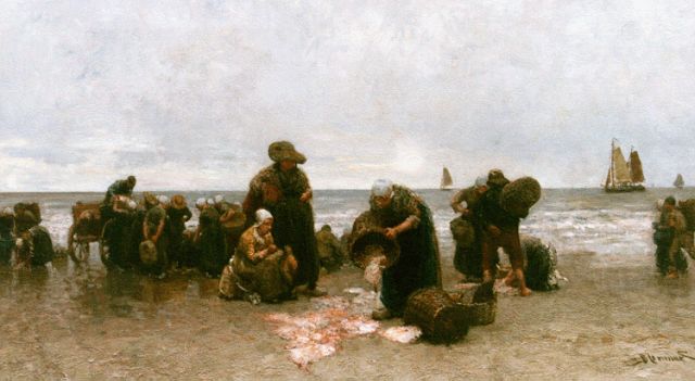 Blommers B.J.  | Sorting the catch, Katwijk, oil on canvas 72.2 x 122.5 cm, signed l.r.