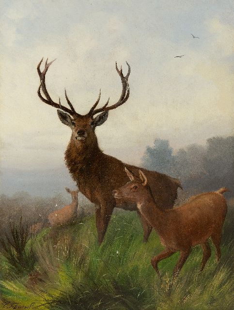 Carl Friedrich Deiker | Game on a hill, oil on canvas, 48.6 x 37.5 cm, signed l.l.