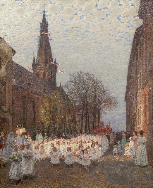 Ritzenhofen H.  | Procession of the first communicants alongside church of St. Lambertus in Düsseldorf, oil on canvas 116.9 x 96.0 cm, signed l.r. and dated '09