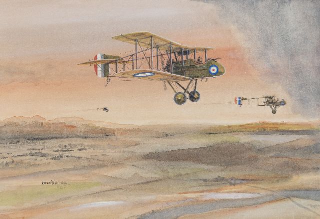 Norman Wilkinson | British fighter planes over the Somme, France, in front L. Hawker, watercolour on paper, 26.3 x 39.3 cm, signed l.l. and dated '16