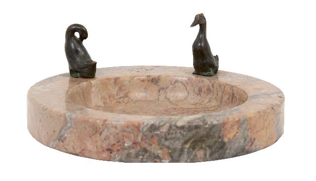 Duitse School, begin 20e eeuw | Dish with 2 ducks, bronze and marble, 9.0 x 20.5 cm