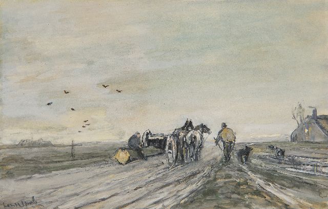 Louis Apol | Lumbermen with wagon in a winter landscape, watercolour and gouache on paper, 15.7 x 24.7 cm, signed l.l.