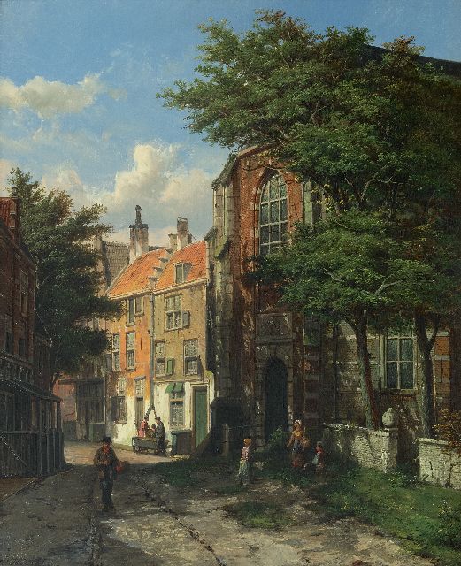 Koekkoek W.  | Sunny street ibehind the church (Asperen), oil on canvas 56.5 x 46.2 cm, signed l.l.