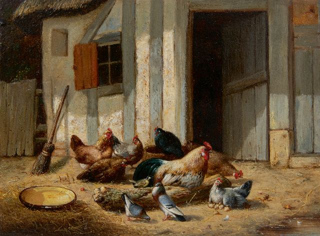 Maes E.R.  | Rooster and chickens on the farmyard, oil on panel 17.8 x 24.0 cm, 1860
