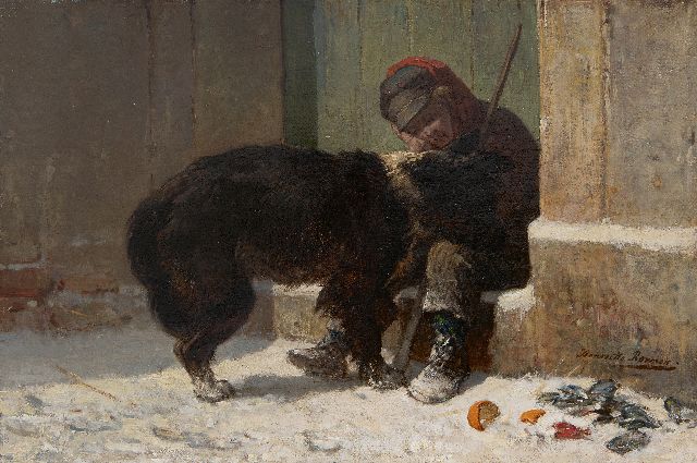 Ronner-Knip H.  | Boy with his dog in the snow, oil on canvas 37.5 x 56.4 cm, signed l.r.