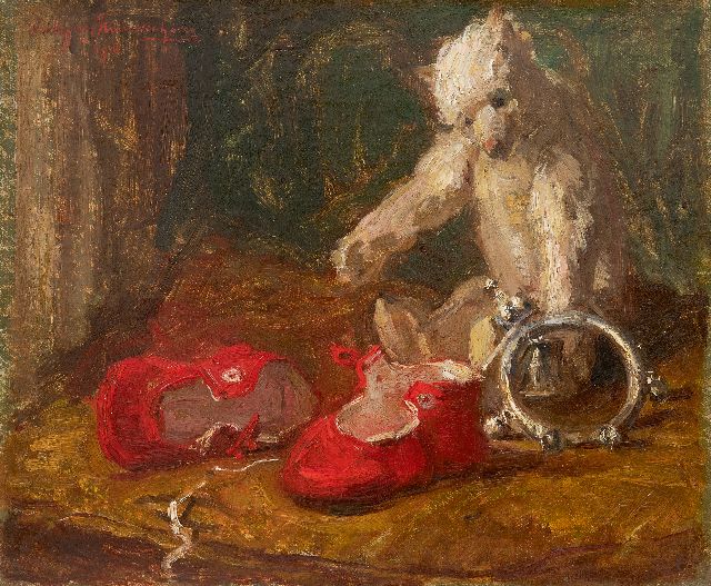 Nieuwenhoven W. van | Still life with bear and red children's shoes, oil on canvas 30.0 x 35.9 cm, signed u.l. and dated 1914